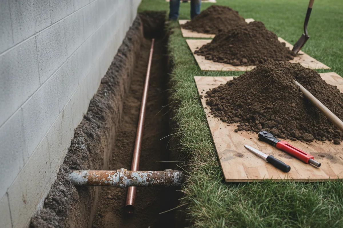 Excavated water line trench during Sewer Line Repair in Farmdale